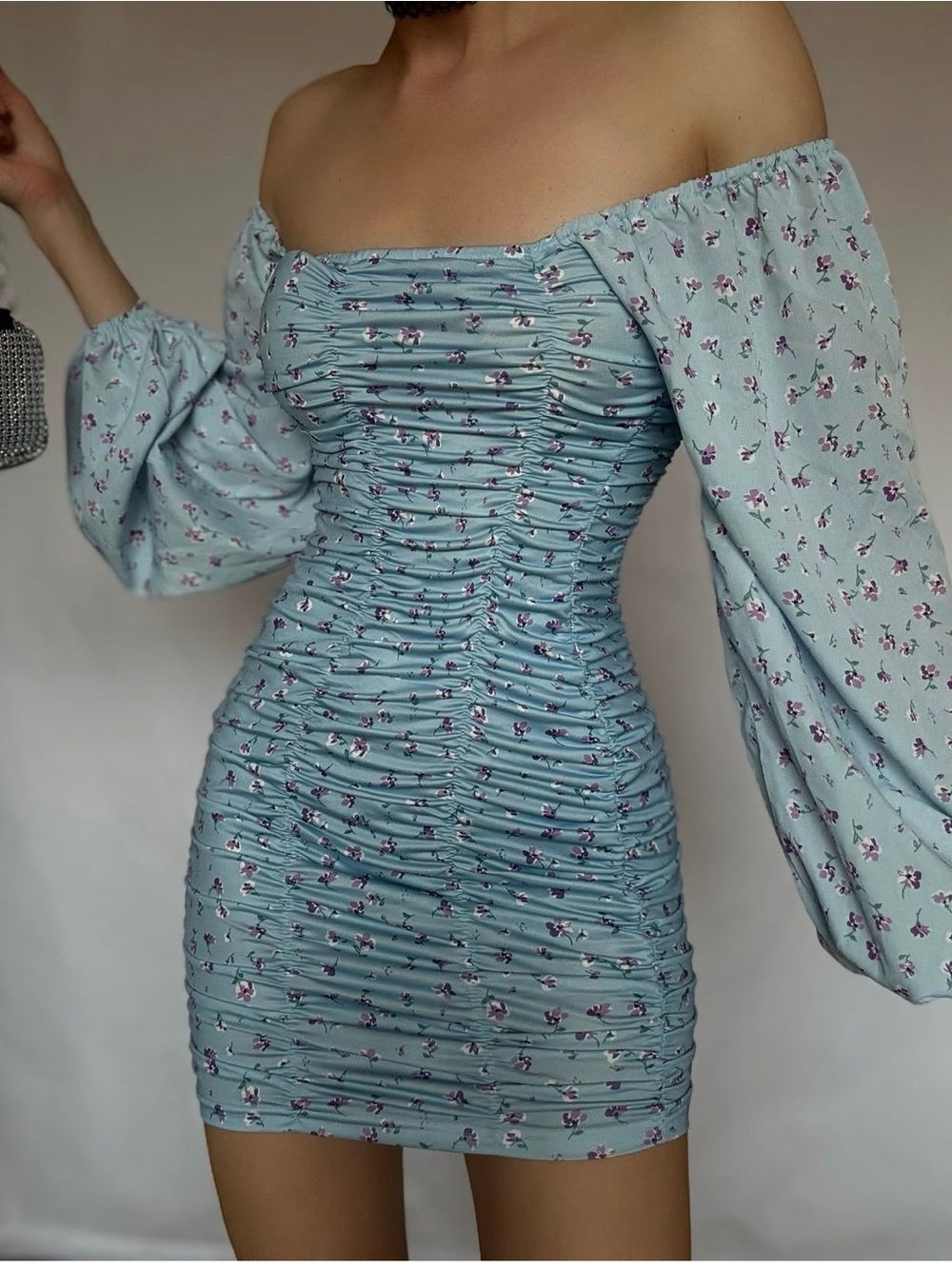 SHEIN Powder Blue Floral Off-Shoulder Ruched Mini Dress
